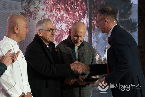 Simon Ismail presents first Nobu Residence Manchester keys to Nobu Founders - Robert De Nero, Chef Nobu & Meir Teper